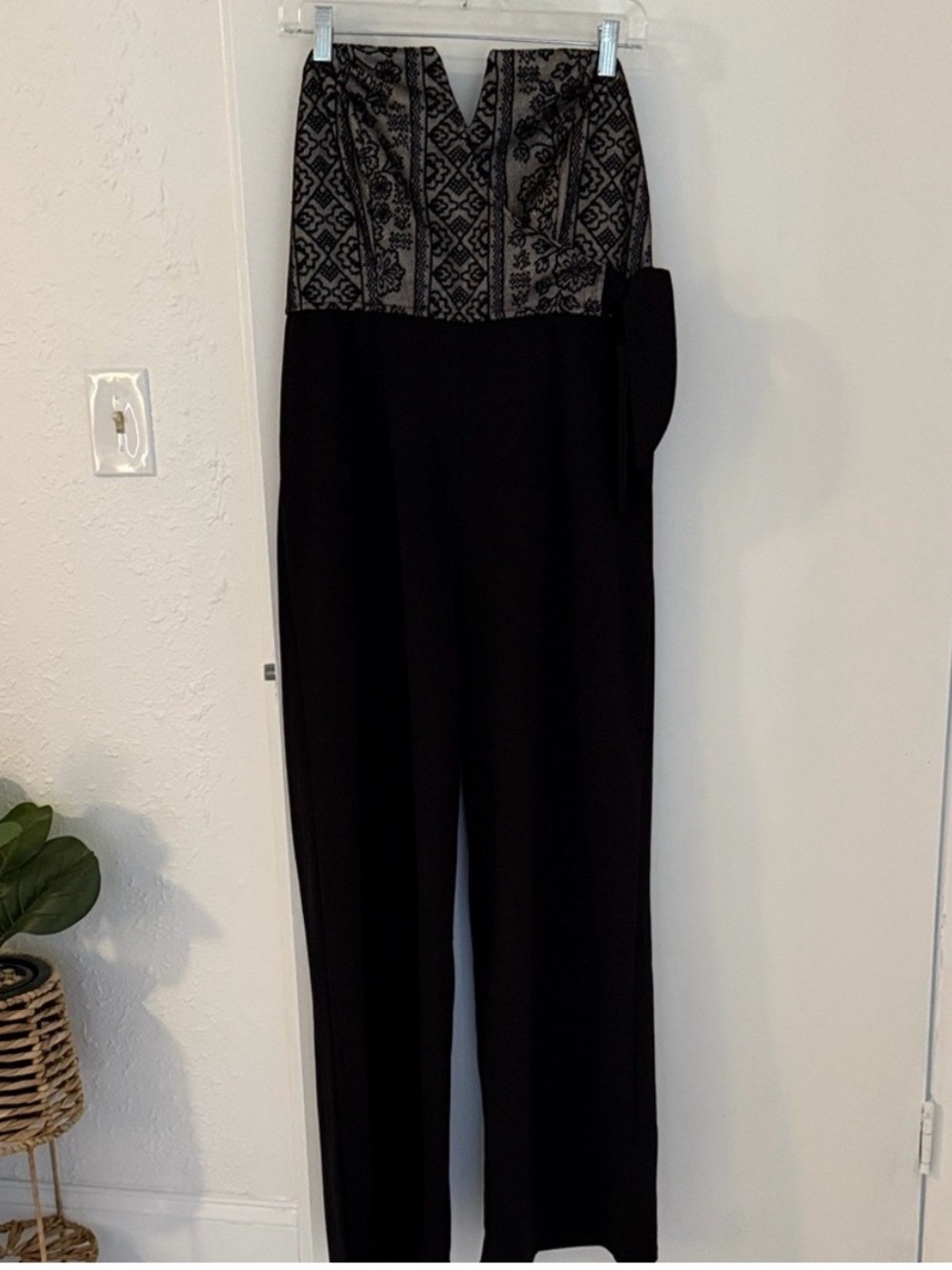 Anthropologie Strapless Black Jumpsuit with Gray Embroidered Bodice